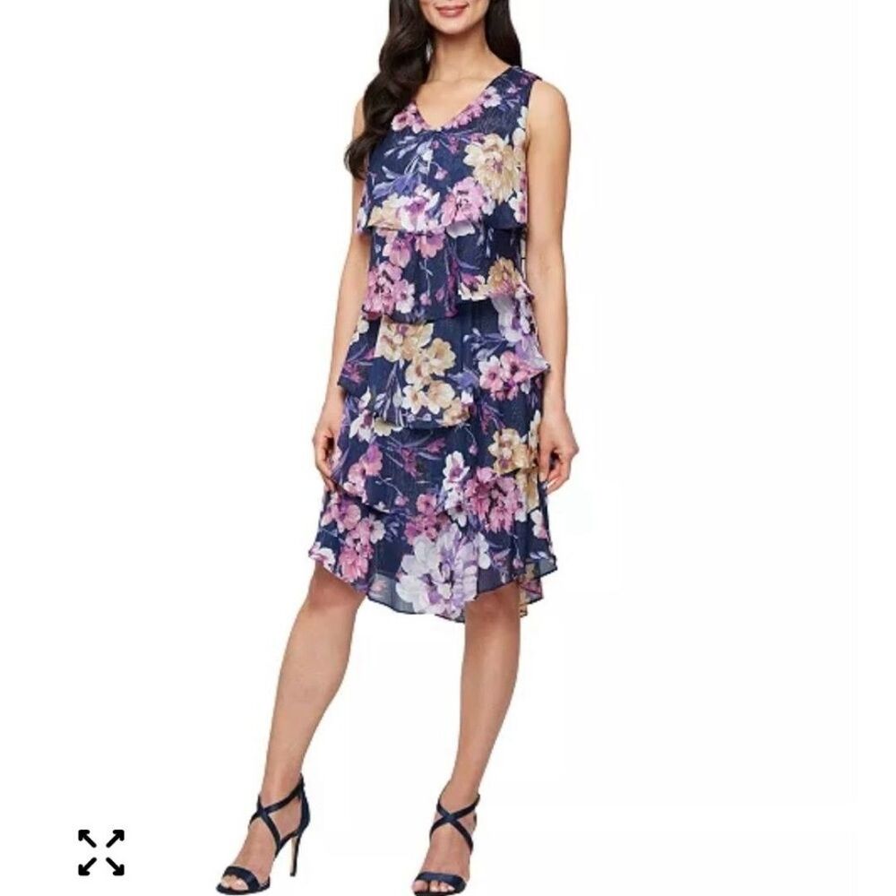 Floral Chiffon Tiered Navy Sleeveless Dress